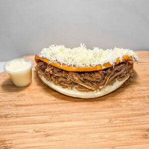 Sweet corn Pancake fill with White Cheese, Shredded Beef and Nata Cream
